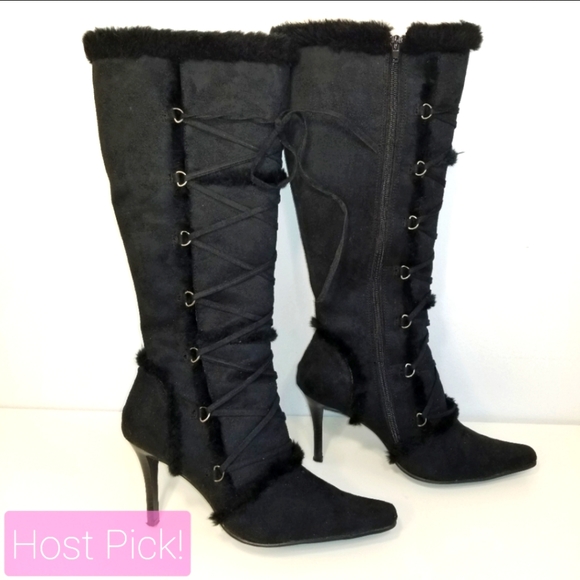 mandee Shoes - Mandee High Heel Tall Lace Up Fur Trimmed Boots